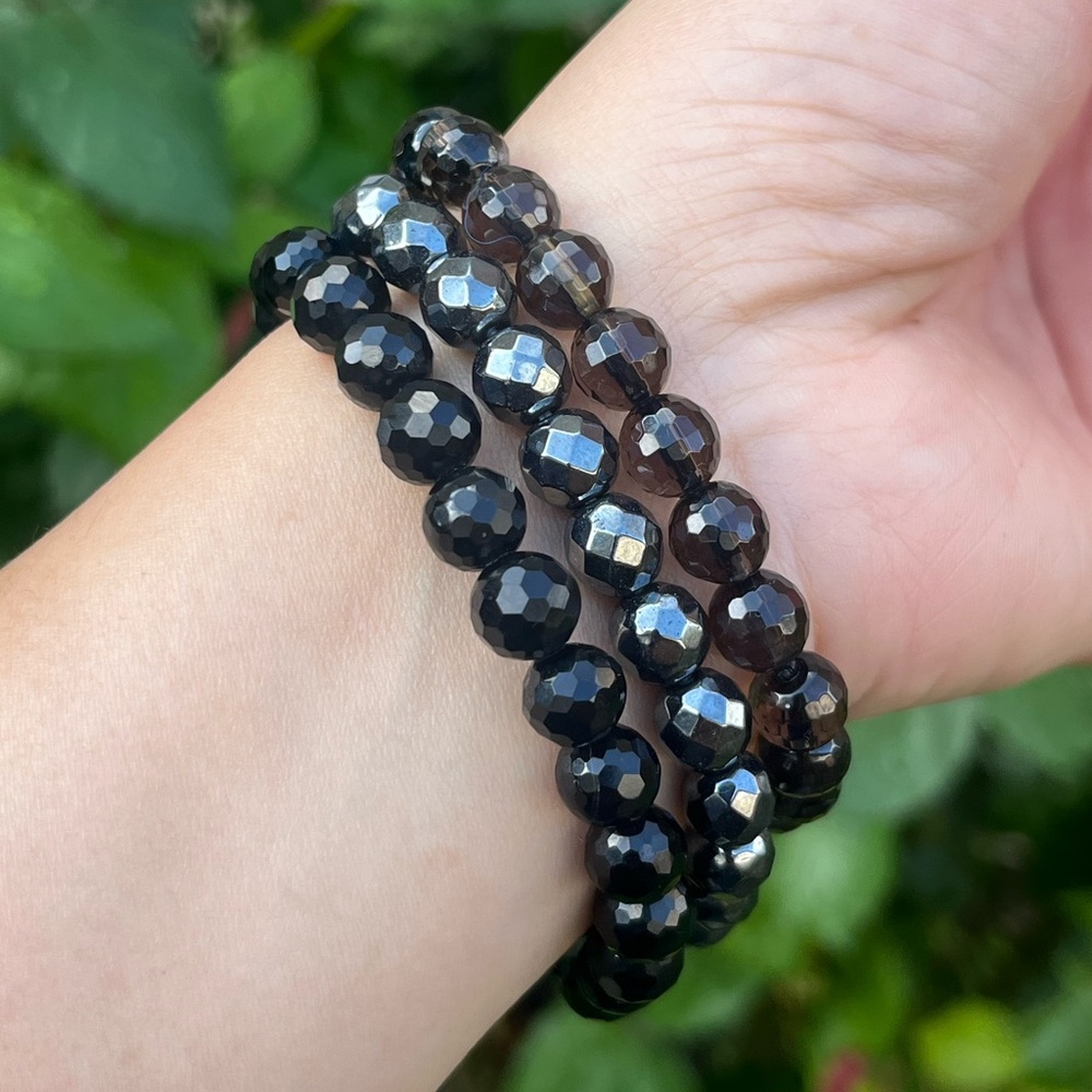 8mm stretchable faceted hematite black‎ obsidian, smoky quartz bracelet set